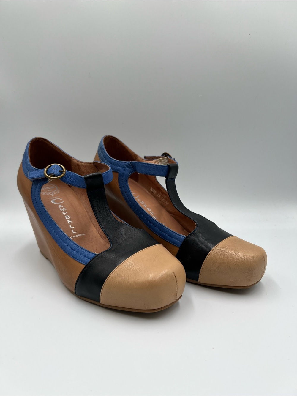 Jeffrey Campbell Darnell wedge t-strap shoe leather pump brown blue black 8 - Picture 2 of 6